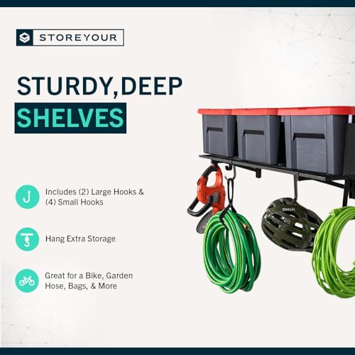 StoreYourBoard Garage Shelving Wall Mounted | 1x4 Heavy Duty Garage Wall Shelves 2-Pack, 12” Deep x 46.5” Long | Steel Wall Shelf Garage Storage Rack with Hooks, 200 lb Each / 400 lb Total, Black