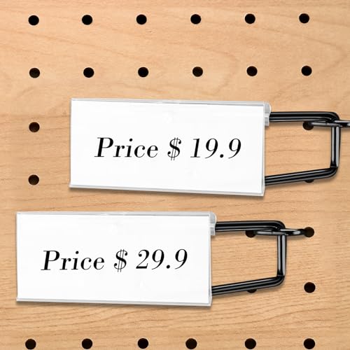 Tandefio 50 Pack 4 Inch Black Metal Peg Board Hooks with Clear Plastic Label Holder Stainless Steel Display Pegboard Hooks for 1/8'' to 1/4'' Pegboard Wall for Garage Storage Retail Shop Supplies