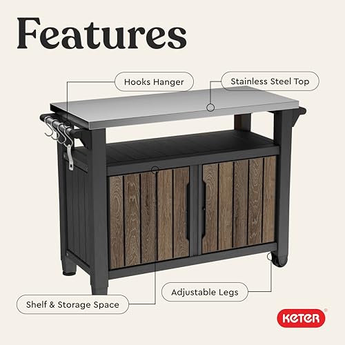 Keter Unity XL Outdoor Entertainment Cart with Wood‑Look Finish, 78‑Gallon Patio Storage Cabinet, Food Prep Station, Stainless‑Steel Top for BBQ, Grill, Patio, Deck & Backyard, Walnut