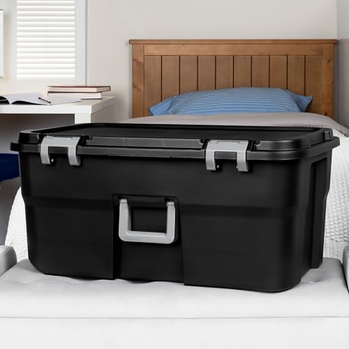 Sterilite 3 Pack Wheeled Footlocker, 22 Gallon Plastic Storage Container with Latching Lid and Handles, Black - Large Stackable Bin Home Organizer