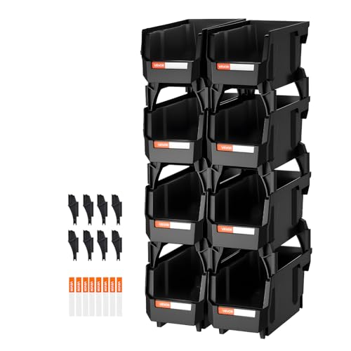 VEVOR Plastic Stackable Storage Bins, 10.9 x 5.5 x 5.1 inch (8 Pack), Plastic Containers for Organizing and Storage Bins for Closet, Garage, Small Parts, Office Supplies and Other Accessories, Black