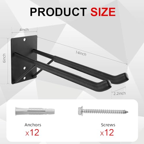 FancyEagle 14" Large Heavy Duty Garage Hooks, 4-Pack Steel Garage Storage Hooks with Support Rods, Utility Wall Mount Hangers for Power Tools, Car Tires, Ladders, Chairs, Garden Tools and More