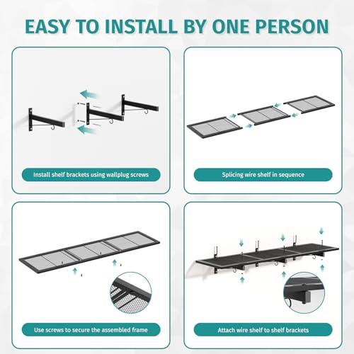 2 Pack Garage Wall Shelving, 46'' x 12.6'' Garage Shelf Wall Mounted, Heavy Duty Storage Shelves 360 LBS Capacity, Floating Storage Rack with 8 Hooks, Metal Shelf Organizer for Basement, Workshop