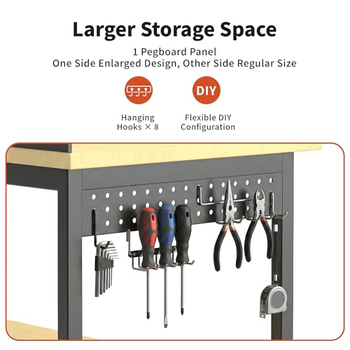 60" Adjustable Height Workbench,9-Level Heavy Duty Work Table with Storage Shelf Pegboard LED Light & Built-in Power Strip, 2010 lbs Load Capacity Rolling Tool Bench for Garage Workshop