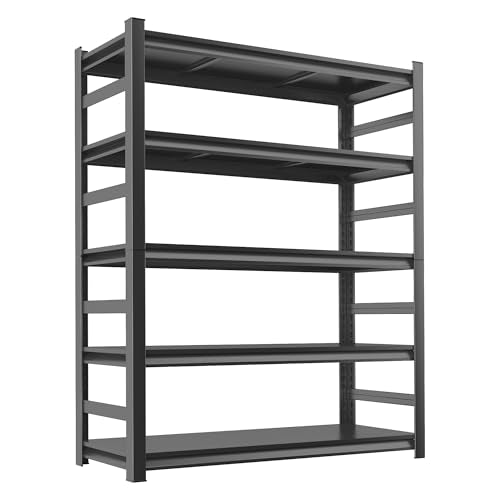 Metal Garage Shelving Unit, Heavy Duty 5-Tier Adjustable Storage shelves, Steel Shelving, 3000 lbs Capacity, Industrial Shelves for Heavy Tools and Equipment, Ideal for Garage, Basement, Black, 72"