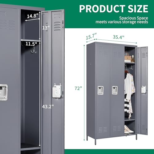 IKIMI Metal Locker 3 Doors Storage Lockers for Employee,72" Tall Locker Cabinet with Shelves and Hooks Steel Sports Staff Locker for Office School Office Gym Home Bedroom Garage