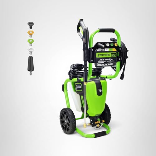 Greenworks 3000 PSI (2.0 GPM Max) Brushless Electric Pressure Washer (15°, 25°, 40°, Soap, and Turbo Nozzle) For Use On Decks, Fences, Driveways, Sidewalks, Siding & More. Heavy-Duty