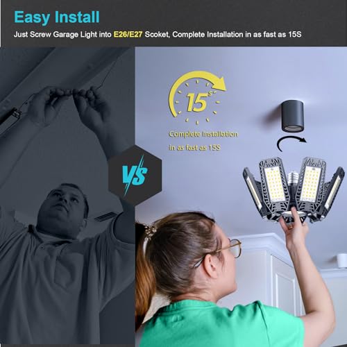 CHENGCHILIT LED Garage Light 2 Pack - 200W 20000LM 6500K LED Garage Ceiling Lights with 7+1 Adjustable Panels, Shop Lights Screw in E26 E27 Bulb Socket for Workshop, Storage Room, Basement, Warehouse