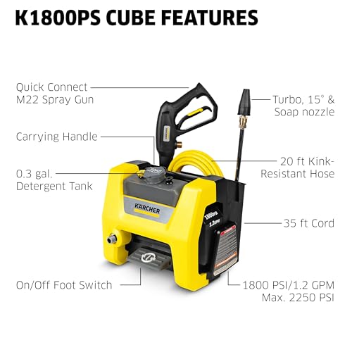 Kärcher Pressure Washer K1800PS Cube, CETA Certified, 3 Spray Nozzles, Detergent Tank, for Cars, Driveways, Siding, Patios, 1.2 max. GPM
