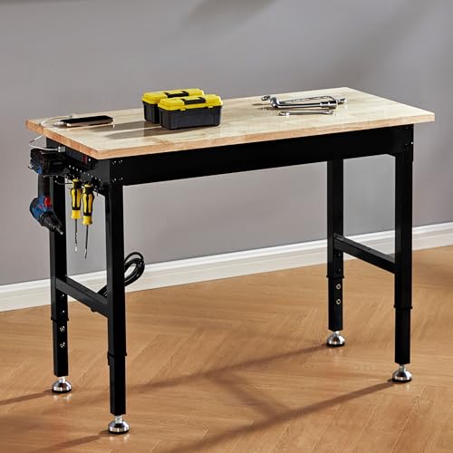 Albott 44x20 in Adjustable Workbench with Power Outlets, 2000 LBs Heavy Duty Wood Workbench with Hooks, Solid Rubber Wood Top for Garage, Workshop, Woodworking, Home Office