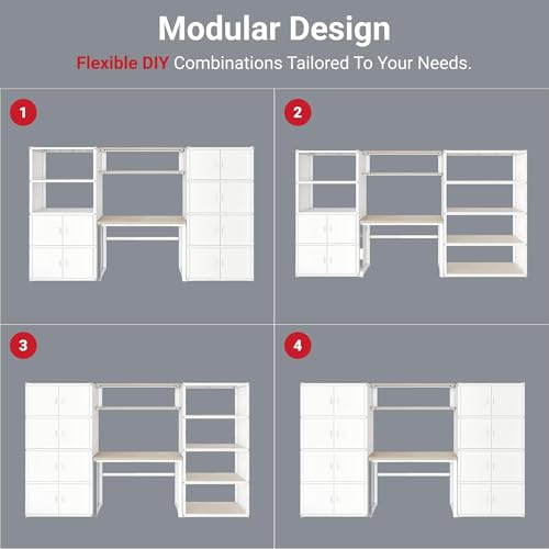FLEXIMOUNTS Modular Garage Storage Cabinet System, All-in-One Garage Cabinet Set with Workbench & Pegboard, 6-Door with Open Shelf Access Heavy Duty Steel Tool Organization System, White, FLEXIMOD