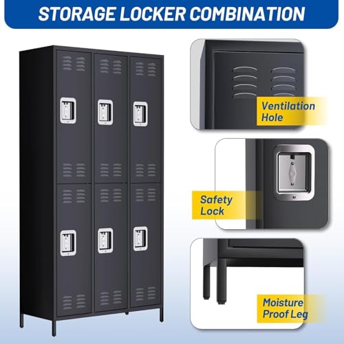 GarveeHome Metal Storage Locker with 6 Doors, Metal Locker for Employees with 18 Hooks for Garage School Office Gym Home, Assembly Required, Black