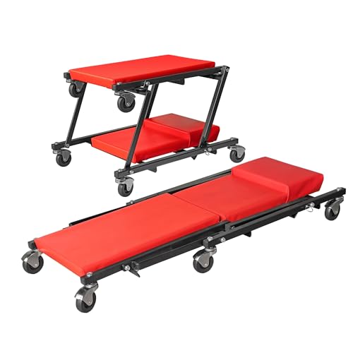 BIG RED ATR6505R-2 Torin Z-Creeper Seat: 36" Foldable Creeper, 2-in-1 Garage Shop Creeper for Auto Repair with 6pc Wheels, 300 lbs Capacity - Red