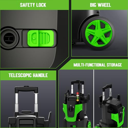 5000PSI Heavy Duty Pressure Washer, 3-Speed Adjustable Power Washer with 2-Stage Pull Rod, 4 Nozzles, Foam Cannon & 500ml Soap Bottle for Car, Home & Outdoor Cleaning,Green