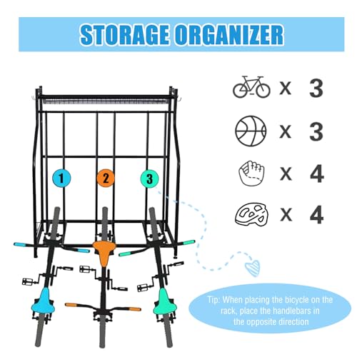 Mythinglogic Garage Bike Storage Rack, Freestanding Organizer for Adult or Kids Bike, 3 Bicycle Holder for Indoor and Outdoor Use