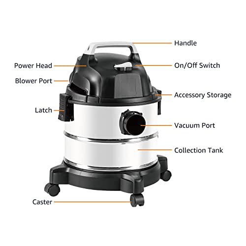 Amazon Basics Wet Dry Shop Vacuum Cleaner, 4 Gallon, 3 HP Stainless Steel, Grey/Black