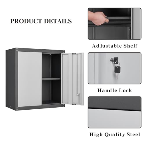 GREATMEET Lockable Storage Cabinet, Metal Garage Storage Cabinets, Metal Wall Cabinet for Garage, Wall Mount Cabinet with Lock and Adjustable Shelf, Floating, Black&Grey