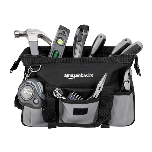 Amazon Basics 65 Piece Home Repair Tool Kit Set With Carrying Bag, Hand Tools, Socket Set, SAE and Metric, Silver, Black