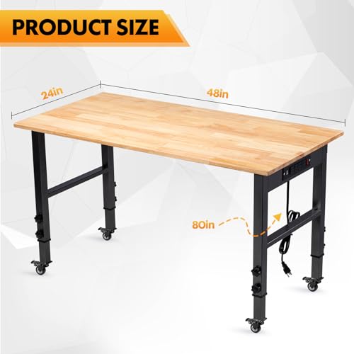 GVGBUK 48" Height Adjustable Workbench, 2000 LBS Load Capacity Rubber Wood Top Workstation, Heavy-Duty Hardwood Worktable for Garage Workshop (with Wheels and Socket,48'')