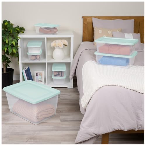 Sterilite 12 Pack Storage Boxes, Clear Plastic Stackable Containers, Lightweight Home Organizers with Snap Lids, 12 Quart, Mindful Mint