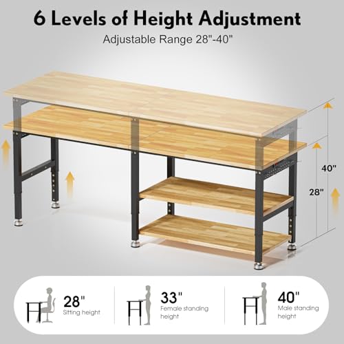 96” Adjustable Work Bench, 2-Layer Heavy Duty Workbench, 6000 LBS Capacity Workbench with Pegboard & Power Outlet, Rubber Wood Work Table for Garage, Office, Workshop, Home