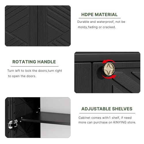 KINYING Outdoor Storage Cabinet Waterproof, 60 Gallon Resin Outdoor Storage Shed for Patio/Garden/Backyard, Outdoor Storage Box for Cushions,Garden Tools and Pool Supplies(Black with 1 Shelving)