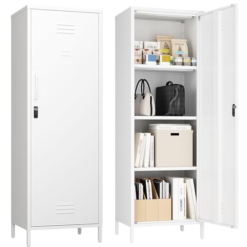 Steehoom Metal Locker Cabinet with Lock, Lockable Steel File Locker with Door and 3 Adjustable Narrow Storage Cabinet Shelves for Living Room, School, Pantry, Garage, Office (White, H59.06'')