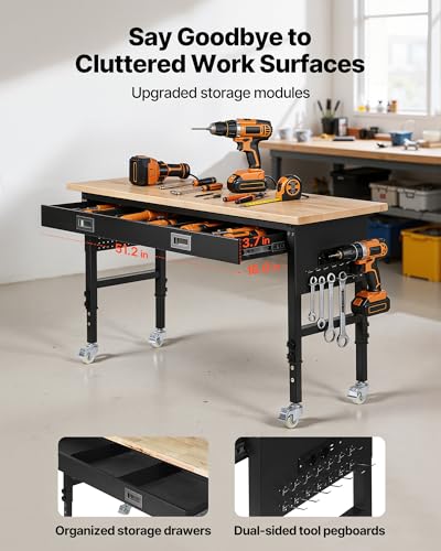 VEVOR 60-inch Adjustable Workbench, 1500 lbs Load Capacity, Garage Workbench with Drawer, Power Outlet, Wheels, and Pegboard, Heavy Duty Oak Wood Top Work Table for Garage, Workshop, Office, and Home