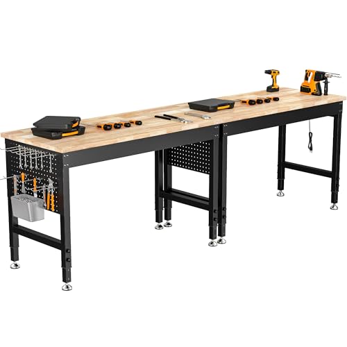 CAMMOO 96" Adjustable Heavy Duty Workbench, 2000 LBS Load Capacity Rubber Wood Work Table with Pegboard, Power Outlets, Work Bench for Garage, Workshop, Office, Home, Commercial, Ships in 2 Boxes