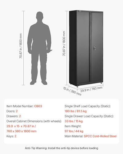 VEVOR Metal Storage Cabinet, 180 lbs Shelf Load Capacity, 70.87" Tall Garage Tool Storage Cabinet with 2 Locking Doors, Adjustable Shelves, 2 Drawers, Pegboard, for Garage, Home, Office, Utility Room