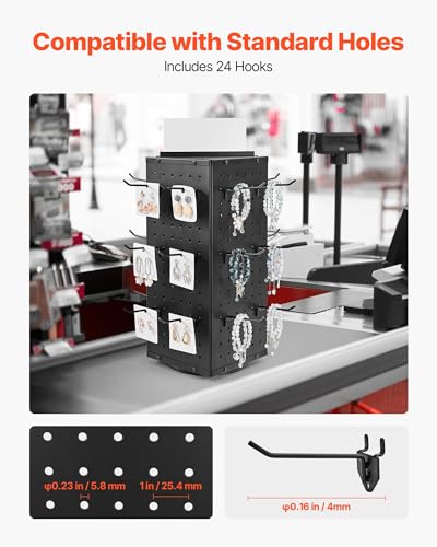 VEVOR Rotating Pegboard Display Stand, 7.4 x 7.4 x 17 in 4-Sided Spinning Peg Board Display with 24 Hooks, Thickened Cold-Rolled Steel Craft Rack Organizer for Grocery Retail Store Jewelry Shop, Black