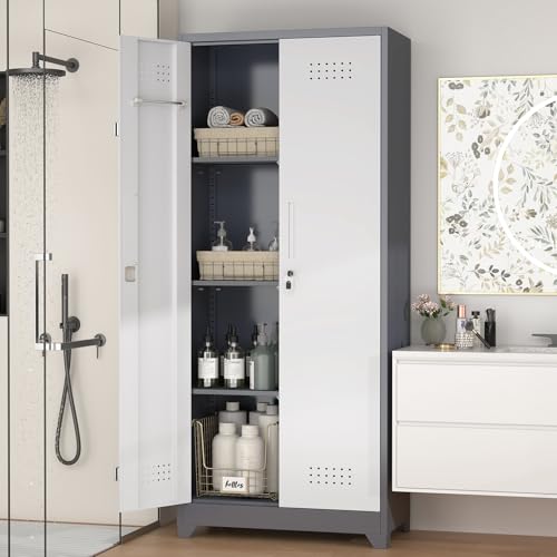 IRONFFICE Metal Garage Storage Cabinets,Broom Closet Storage Cabinet with Doors and Shelves,Tall Utility Closet Cabinet with Pegboard,Laundry Cabinet for Garage,Warehouse,Home,Basement,Grey-White