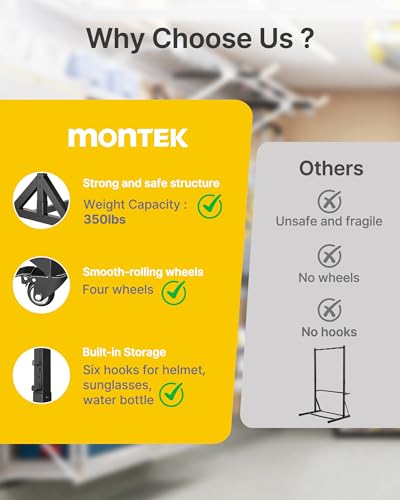 monTEK Freestanding Bike Storage Rack for 5 Bikes, Heavy Duty 350LBS Vertical Bike Stand with 5 Bike Hooks & 6 Helmet Hooks, Indoor and Outdoor Bike Storage Rack with Locking Casters