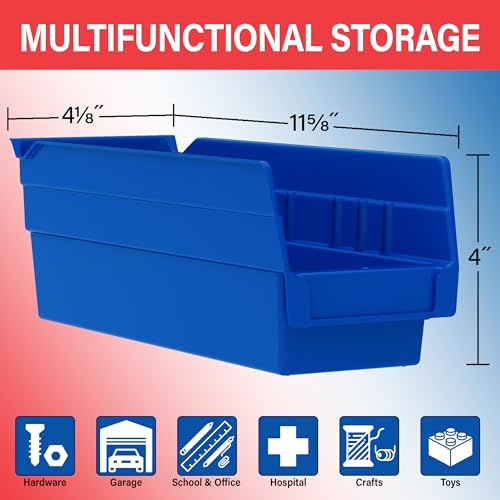 Akro-Mils 30120 Plastic Shelf Bins, Heavy Duty Storage Bins for Garage, Closet, and Drawer Organization, 12" x 4" x 4", Blue, 24-Pack
