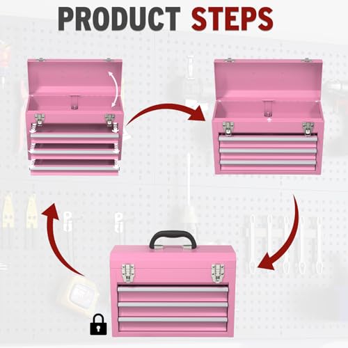 Kieperi 3 Drawers small Tool Box, Portable 3 Drawer Steel Tool Box with Locking System toolbox organization with Liner for Tools Storage (Pink)
