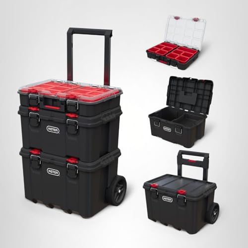 Keter Stack-n-Roll Modular Tools Organizer for Garage Storage and DIY, 3 Piece Resin Rolling Tool Box System for Small Parts, Black