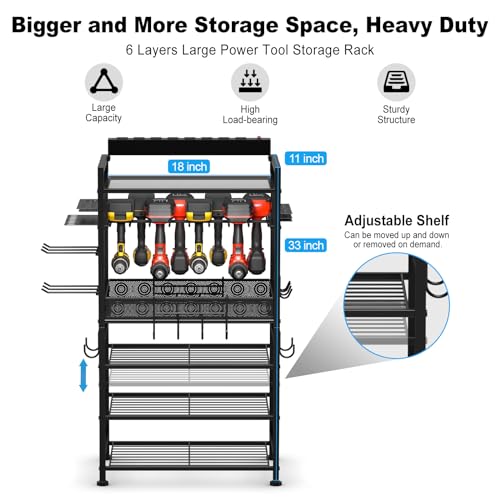 JUNNUJ Power Tool Organizer Floor Stand with Charging Station, Garage Adjustable Storage Rack Utility Tool Shelf with 8 Outlet Power Strip, Heavy Duty Drill and Battery Holder, Black