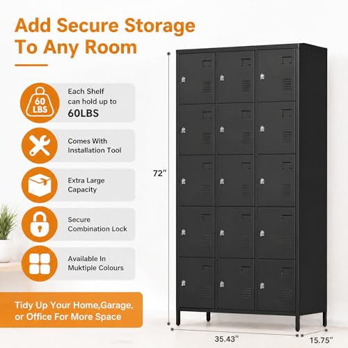 SUPEER Metal Lockers for Employees,15 Door Steel Storage Lockers for School Gym Office Garage, Lockable Metal Lockers for Personal Items,15.75" D x 35.43" W x 72" H,Assembly Required,Black