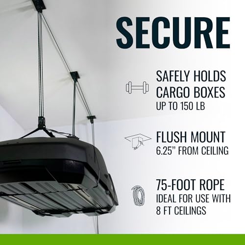 Teal Triangle Heavy Duty Elite Cargo Box Hoist, Easy-Lift Garage Pulley System, Holds 150 lbs, Fits 8-Foot Ceilings, Patented No-Slip Strap, No Setup Required