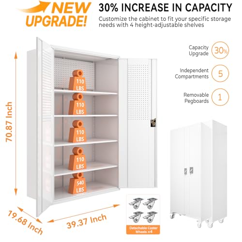 Upgraded Tall & Wide Metal Storage Cabinet with Doors & 4 Adjustable Shelves | Heavy-Duty Black Lockable Garage Cabinet with Wheels & Pegboard for Office, Gym, Basement, Warehouse (White)