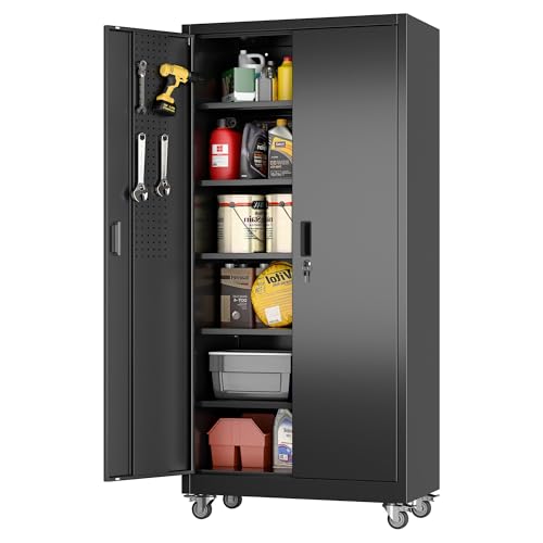 Aobabo Upgraded Garage Storage Cabinets with Wheels,Metal Storage Cabinets with 5 Adjustable Shelves for Garage Home Office Storage, Black,71''H*34''W*18''D,Assembly Required