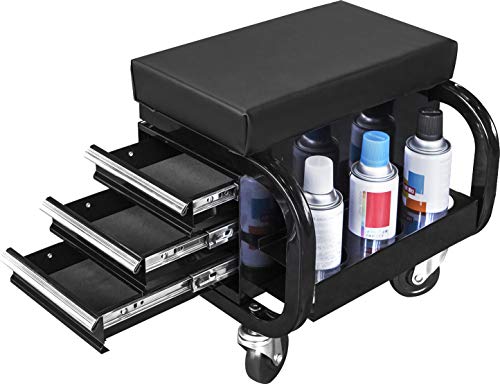 Torin APD2016AB Rolling Tool Chest/Tool Box with 3 Drawers and Wheels, Padded Mechanic Stool Creeper Seat, Black