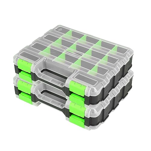 Jack Boss Tool Box with Transparent Lid, Double Side 34-Compartments Organizer Box with Removable Dividers for Hardware, Screws, Bolts, Nails, Beads, Jewelry and Fishing Accessories, Green, 2 Pack