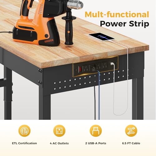 CAMMOO 60" Adjustable Heavy Duty Workbench, 2000 LBS Load Capacity Rubber Wood Work Table with Pegboard, Power Outlets, Work Bench for Garage, Workshop, Office, Home, Commercial