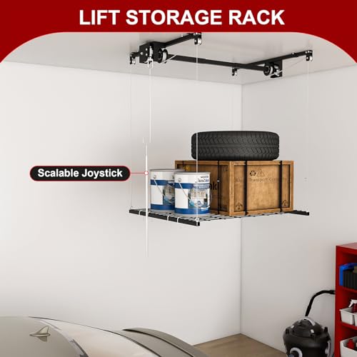 S.Walt Hanging Garage Ceiling Storage Racks, Adjustable Overhead Garage Storage Lift, Mounted 44 ft Heavy-Duty Steel Platform for High Ceilings 1012 ft, Supports 250 lbs for Everyday Use
