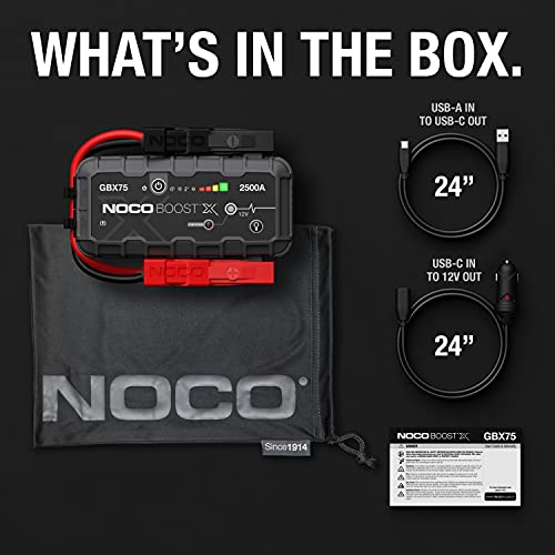 NOCO Boost X GBX75: 2500A UltraSafe Jump Starter – 12V Lithium Battery Booster Pack, Portable Jump Box, Power Bank & Jumper Cables - for 8.5L Gas and 6.5L Diesel Engines