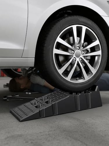2 PCS Car Ramps for Oil Changes, 13000lbs Heavy Duty Plastic Oil Change Ramps, 12" Wide Low Profile Design with 8.6" Lift Height, Jack Support for Vehicle Service & Garage Repair Black