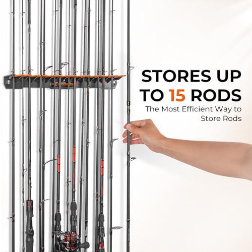 KastKing V15 Vertical Fishing Rod Holder – Wall Mounted Fishing Rod Rack, Store 15 Rods or Fishing Rod Combos in 17.25 Inches, Great Fishing Pole Holder and Rack