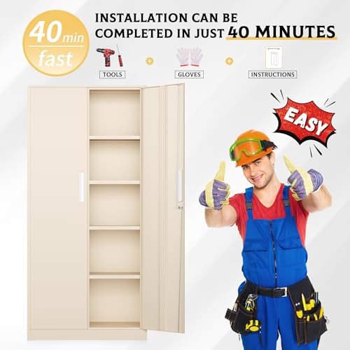 SUNCROWN Metal Storage Cabinets with Lock, Tool Cabinet, 72" Locking Steel Storage, Tall Locker Organizer Garage Cabinets with 2 Doors and 4 Shelves for Home,Office,Warehouse,Garage,School(Warm Grey)