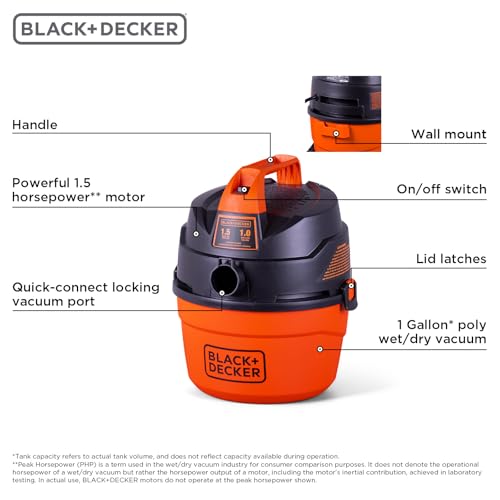 BLACK+DECKER Shop Vacuum Wet and Dry, Small Shop Vac with Accessories, 1 Gallon 1.5 Peak HP, Wall Mount Mini Vacuum for Garage, Home and Pet, 60CFM (BDXV18101P-1H)